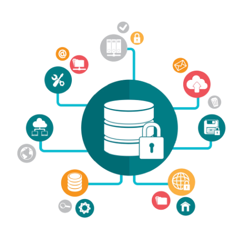 Data base surrounded with avatars of its characteristics, functions and tasks required to build one